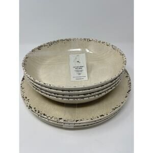 Tommy Bahama Melamine Dinner Plate & Bowl set of 4 White Cream Rustic Crackle
